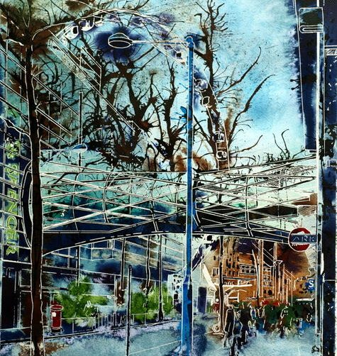 Corporation Street Bridge - ©2015 Cathy Read - Watercolour and acrylic ink - 40x50cm