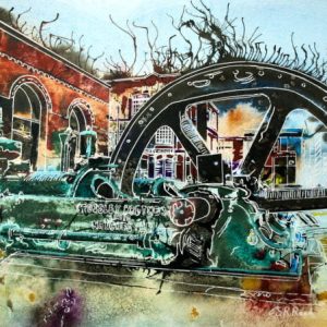 Painting of Crossley engine outside the Museum of Science and Industry Crossley Engine - ©2015 Cathy Read - Watercolour and acrylic ink - 28x38cm