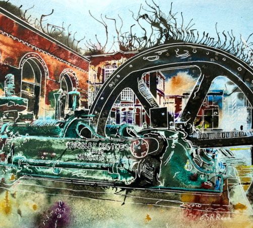 Crossley Engine - ©2015 Cathy Read - Watercolour and acrylic ink - 28x38cm