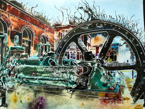 Painting of Crossley engine outside the Museum of Science and Industry Crossley Engine - ©2015 Cathy Read - Watercolour and acrylic ink - 28x38cm