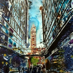 Painting of Westminster Cathedral seen through the entrance to a shopping centre. LondonLight at the End of the Tunnel - ©2015-Cathy Read-Watercolour-and-Acrylic-50x40-cm - £577