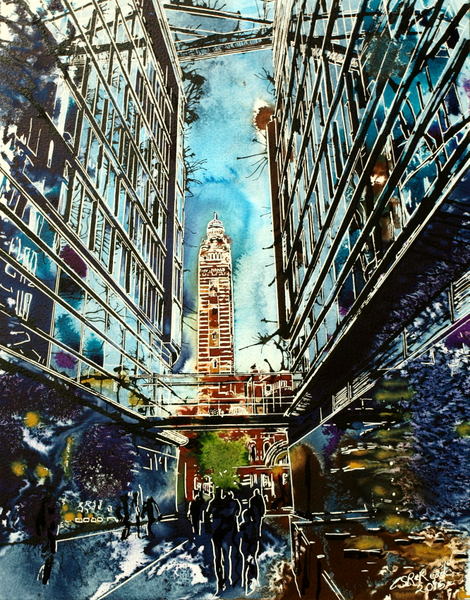 Painting of Westminster Cathedral seen through the entrance to a shopping centre. LondonLight at the End of the Tunnel - ©2015-Cathy Read-Watercolour-and-Acrylic-50x40-cm - £577