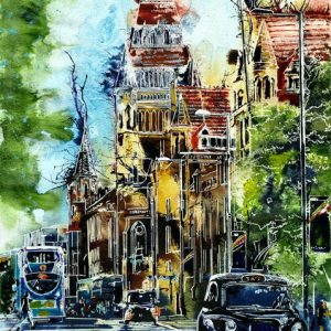 Painting of Manchester University Museum and a Taxi heading towards town on Oxford StreetThe Knowledge -©2016 Cathy Read - Watercolour and acrylic ink - 40x50cm