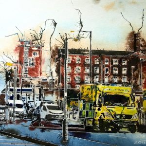 Urban painting of an ambulance called Emergency Run by Cathy Read ©2016 watercolour and acrylic ink painting