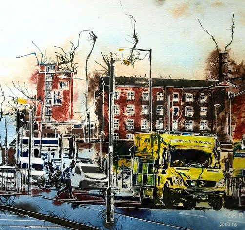 Emergency Run - ©2016 Cathy Read - Watercolour and acrylic ink - 40x50cm
