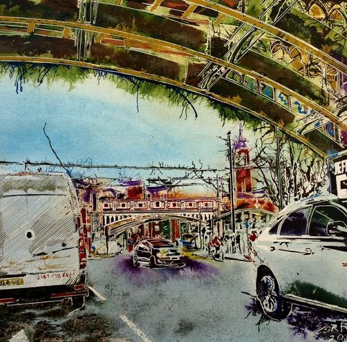 Railway Bridge -©2016 Cathy Read - Watercolour and acrylic ink - 40x50cm