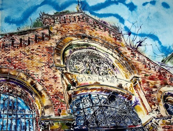 Painting looking up at the Brickwork and firsherman freize on Manchester Fish MarketManchester Fish Market - ©2017 Cathy Read - Watercolour and acrylic ink - 56 x 76cm