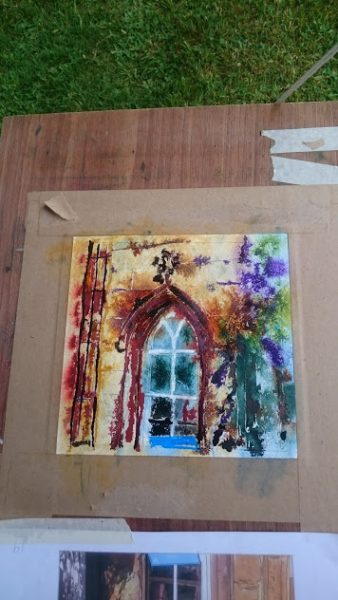 Painting of an Arch Window at Claydon House 19 The Arch Window - ©2018 - Cathy Read - WIP Watercolour and Acrylic 17.8 x17.8cm