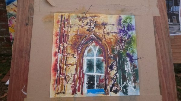 Painting in progress of arch windo at Claydon House19 The Arch Window - ©2018 - Cathy Read - WIP Watercolour and Acrylic 17.8 x17.8cm