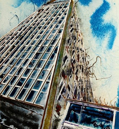 Toast Rack Towers ©2018 Cathy Read - Watercolour and acrylic ink - 28x38cm