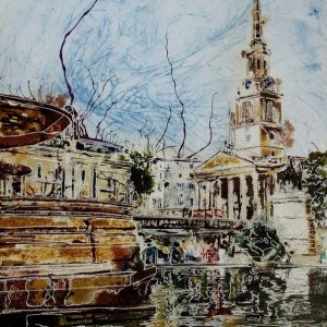 Painting of Trafalgar square and Trafalgar-Fountain and St Martin in the Fileds church London Trafalgar-Fountain - ©2018-Cathy-Read-Watercolour-and-Acrylic-40-x-30-cm-£390