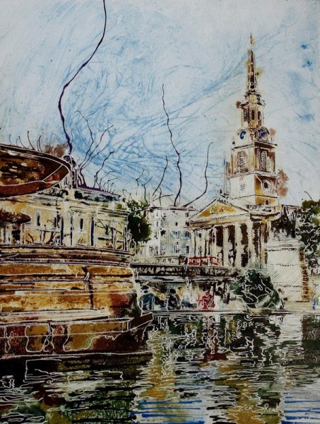 Painting of Trafalgar square and Trafalgar-Fountain and St Martin in the Fileds church London Trafalgar-Fountain - ©2018-Cathy-Read-Watercolour-and-Acrylic-40-x-30-cm-£390