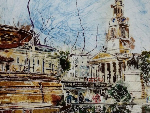 Painting of Trafalgar square and Trafalgar-Fountain and St Martin in the Fileds church London Trafalgar-Fountain - ©2018-Cathy-Read-Watercolour-and-Acrylic-40-x-30-cm-£390