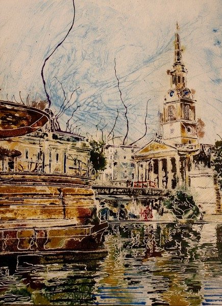 Painting of Trafalgar square and Trafalgar-Fountain and St Martin in the Fileds church London Trafalgar-Fountain - ©2018-Cathy-Read-Watercolour-and-Acrylic-40-x-30-cm
