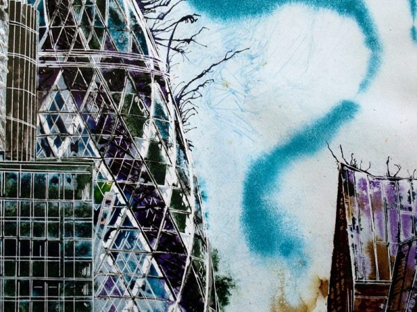 Painting of the Gherkin and surrounding buildings on the London skylineWhispering Glass-©2018-Cathy Read-Watercolour and Acrylic ink-50x40cm