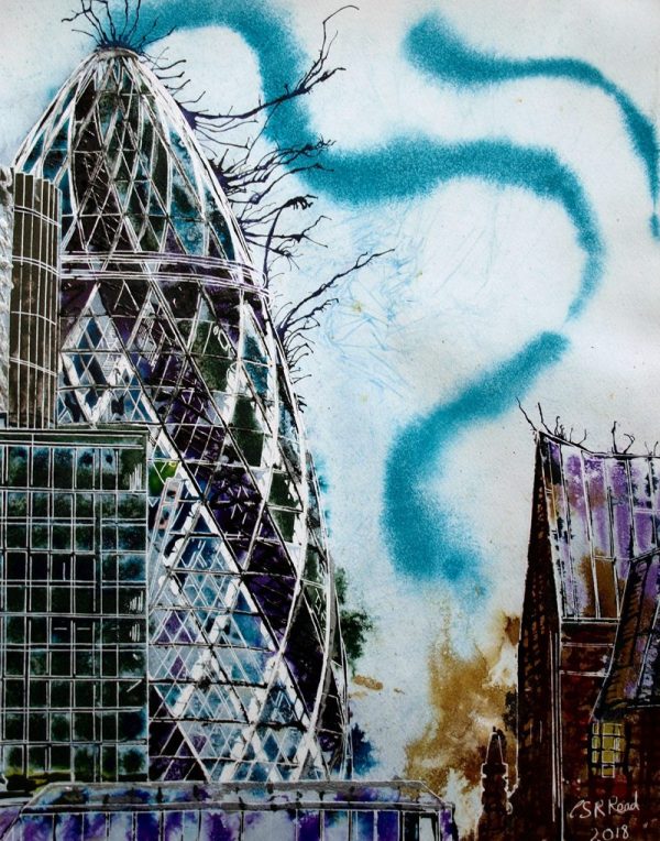 Painting of the Gherkin and surrounding buildings on the London skylineWhispering Glass-©2018-Cathy Read-Watercolour and Acrylic ink-50x40cm