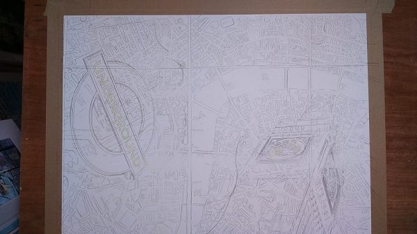 Pencil Drawing of Big Ben, underground sign and London Map Cathy Read-London Maps - 56x76cm - £1237 ©2016- masking