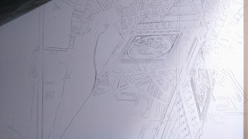 Pencil Drawing of Big Ben, underground sign and London Map