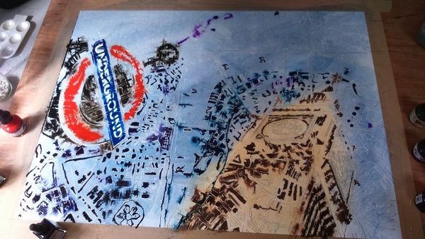 Painting in progress of of Big Ben, underground sign and London Map using acrylic ink and watercolour©2016- Cathy Read-London Maps painting in progress painting -Watercolour and Acrylic - 56x76cm