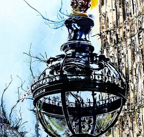 Painting of a street light outside the Houses of Parlaiment. Part of Big BenGlobe Light - ©2017 - Cathy Read - 55 x 75cm