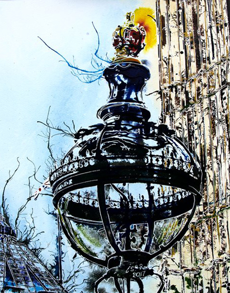 Painting of a street light outside the Houses of Parlaiment. Part of Big BenGlobe Light - ©2017 - Cathy Read - 55 x 75cm - £575