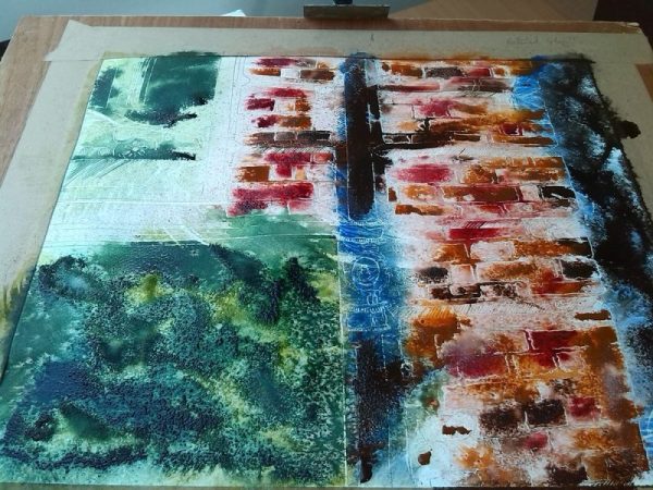 Painting in progress, acrylic inks and watercolour©2017 - Cathy Read - Reflected Glory WIP inks- Watercolour and Acrylic on paper -40 x 50 cm