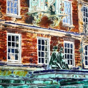 The frontage of Fortnum and Mason paintingfeaturing the clock and Lynn Chadwick Sculpture King and Queen-Cathy Read-81-x-61cm-©2018