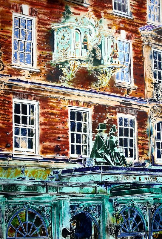 The frontage of Fortnum and Mason paintingfeaturing the clock and Lynn Chadwick Sculpture King and Queen-Cathy Read-81-x-61cm-©2018