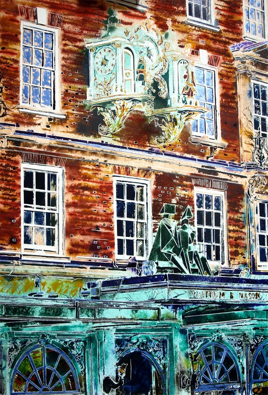 The frontage of Fortnum and Mason paintingfeaturing the clock and Lynn Chadwick Sculpture King and Queen-Cathy Read-81-x-61cm-©2018