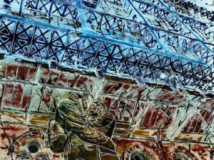 Just the Art Painting of St Pancras Station looking up at the sculpture, roof and Clock, Farewell Tommy - Cathy Read ©2014 -- Watercolour and Acrylic -50 x 40cm