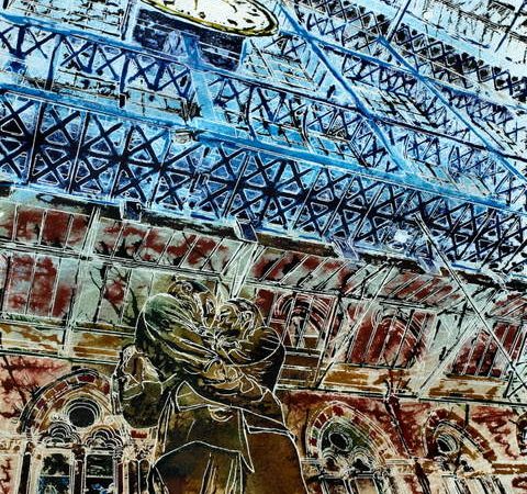 Just the Art Painting of St Pancras Station looking up at the sculpture, roof and Clock, Farewell Tommy - Cathy Read ©2014 -- Watercolour and Acrylic -50 x 40cm