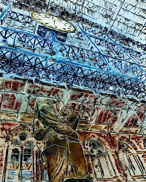 Just the Art Painting of St Pancras Station looking up at the sculpture, roof and Clock, Farewell Tommy - Cathy Read ©2014 -- Watercolour and Acrylic -50 x 40cm