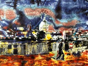 Painting of a couple walking along the South Bank of the Thames with St Paul's and the lights of London in the background.By the Light of St Pauls - ©2015 - Cathy Read - Watercolour and Acrylic - 40x50cm - £574