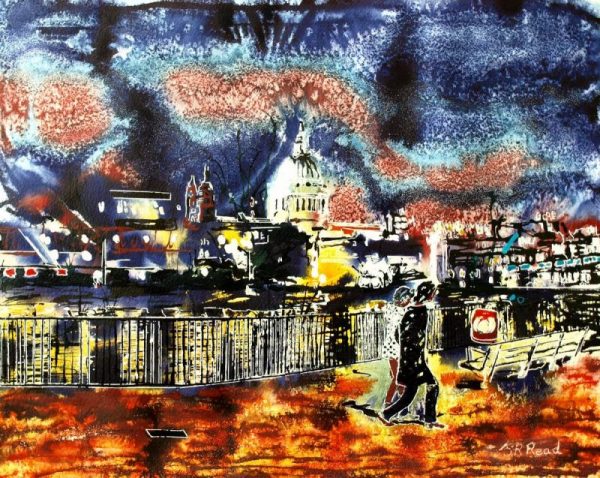 Painting of a couple walking along the South Bank of the Thames with St Paul's and the lights of London in the background.By the Light of St Pauls - ©2015 - Cathy Read - Watercolour and Acrylic - 40x50cm - £574