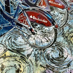 Boris Bikes Painting of the London Passenger bikes in the streetBoris Bikes - ©2016 - Cathy Read - Watercolour and Acrylic - 30.8 x 45.2 cm - £348