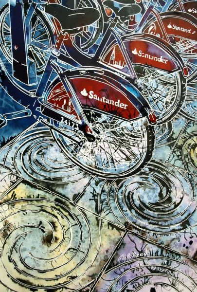 Painting of the London Passenger bikes in the streetBoris Bikes - ©2016 - Cathy Read - Watercolour and Acrylic - 30.8 x 45.2 cm - £398