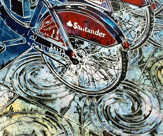 Boris Bikes Painting of the London Passenger bikes in the streetBoris Bikes - ©2016 - Cathy Read - Watercolour and Acrylic - 30.8 x 45.2 cm - £348