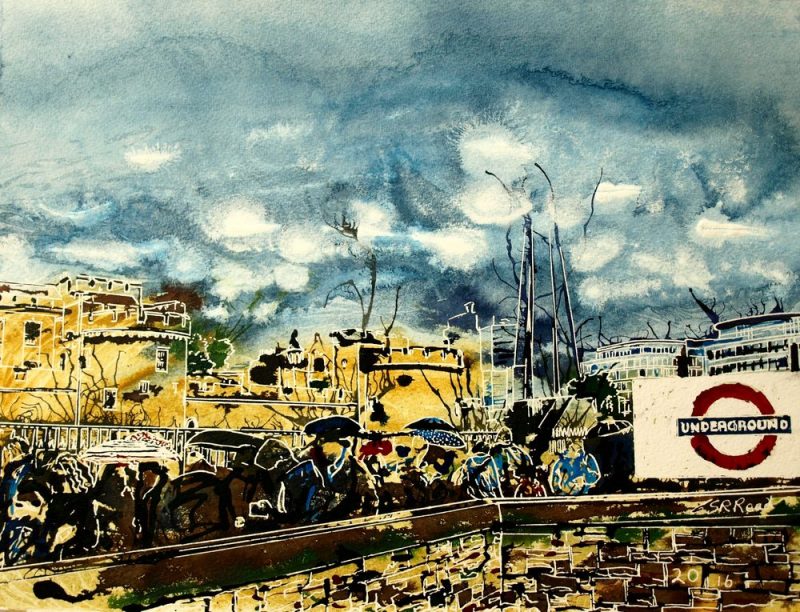 London Painting with the Tower of London and The Shard with underground and sign in the foreground and a crowd of people with umbrellas on a wet, cloudy day.Hidden in the Clouds - ©2016 - Cathy Read -Watercolour and Acrylic - 30.5x40.5cm - £334