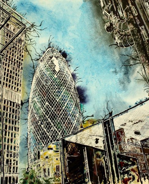 Painting of the Gherkin, cheesegrater and Lloyds building on the corner of Leadenhall Street, LondonThree Generations - ©2016 - Cathy Read - Watercolour and Acrylic - 40-x-50-cm - £575
