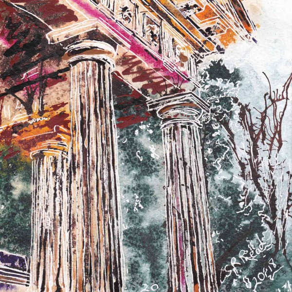 Painting of Columns at one of the temples at Stowe Gardens20 Temple Columns - ©2018 - Cathy Read - Watercolour and Acrylic - 17.8x17.8cm £140 framed