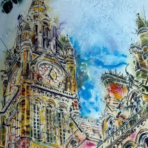 Upward looking painting ofManchester Town Hall - The Heart of Manchester - Cathy Read - ©2018- 50 x 40cm - SOLD