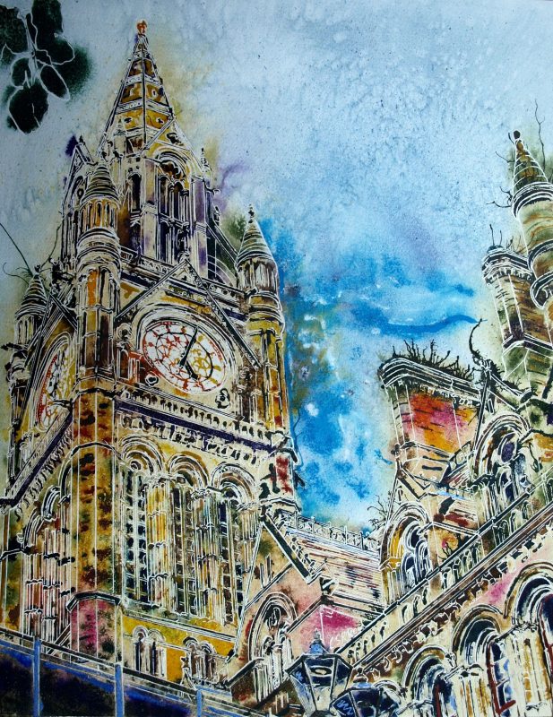 Upward looking painting ofManchester Town Hall - The Heart of Manchester - Cathy Read - ©2018- 50 x 40cm - SOLD