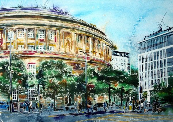 Painting of people passing Manchester Central Library on their wy home Heading-home-Past Central-Library-Cathy-Read-42.5-x-59-cm-©2018