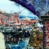 Painting of Castlefields Basin by Cathy Read showing the canal, canal boats and Museum of Science and Industry in Manchester-©2018- Watercolour and Acrylic Ink-£577