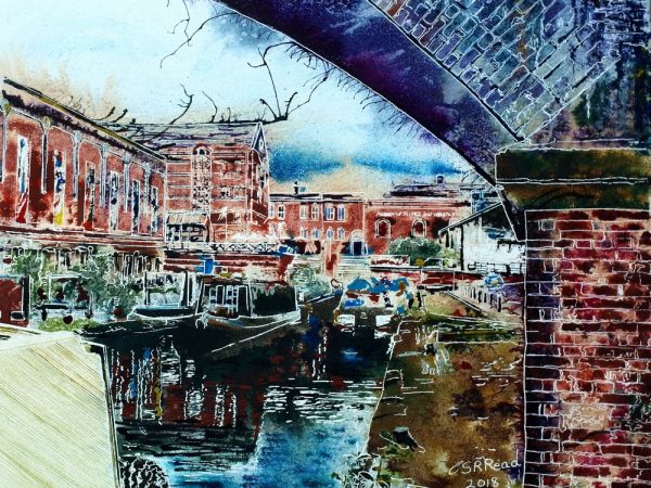 Painting of Castlefields Basin by Cathy Read showing the canal, canal boats and Museum of Science and Industry in Manchester-©2018- Watercolour and Acrylic Ink-£577