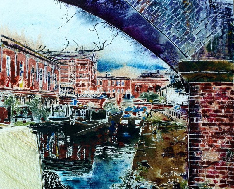 Painting of Castlefields Basin by Cathy Read showing the canal, canal boats and Museum of Science and Industry in Manchester-©2018- Watercolour and Acrylic Ink-£577
