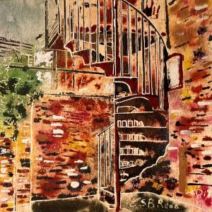 21-Spiral-Staircase- Cathy-Read- ©2018 - Watercolour-and-Acrylic-17.8x17.8cm