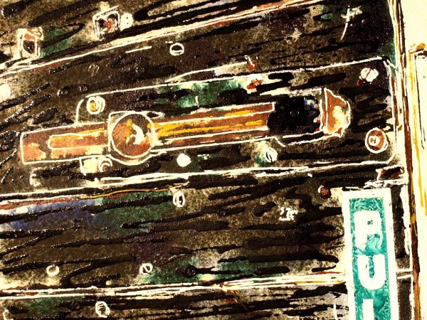 Painting of architectural detail, bolt on a door.22 Bolt - ©2018 - Cathy Read -Watercolour and Acrylic - 17.8x17.8cm