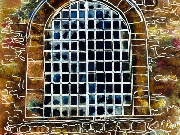 Painting of a metal window in rural Buckinghamshire33 Metal Window - Cathy Read ©2018 - Watercolour and Acrylic - 17.8x17.8cm - SOLD