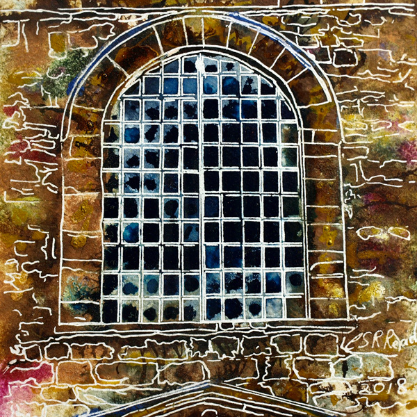 Painting of a metal window in rural Buckinghamshire33 Metal Window - Cathy Read ©2018 - Watercolour and Acrylic - 17.8x17.8cm - SOLD